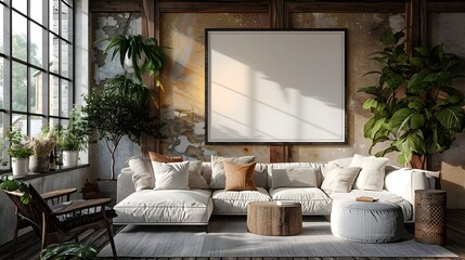 D Rendered Frame Mockup Modern Living Room Wall Poster Decor