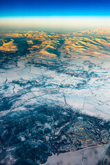 Aerial photo of the city of Labytnagi and the village Kharp in Western Siberia, Yamalo-Nenets Autonomous Okrug, Yamal, YaNAO,Tyumen Region.