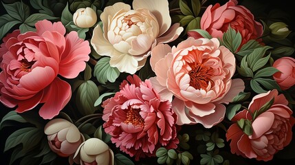 Floral fabric pattern with large, bold peonies in shades of pink and coral on a dark green background, offering a dramatic and romantic look for various applications.
