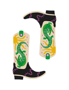 Retro cowgirl boot with alligator and sun. Groovy cowboy western and wild west theme. Hand drawn vector design for t shirt, sticker, poster.