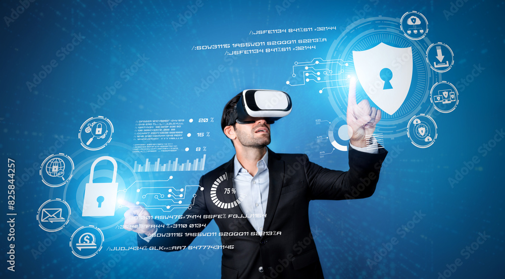 Poster caucasian project manager wearing vr glasses while look at hologram of security system. smart busine