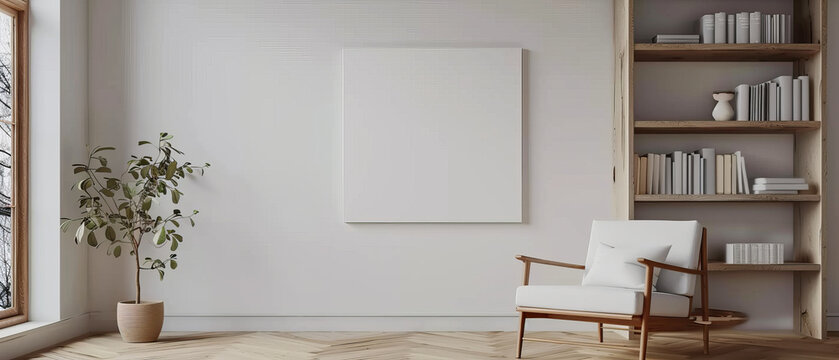 White empty wall mockup in a modern living room with wooden floor, book shelf, armchair, and window, minimalist design for home decor