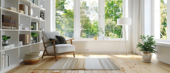 Scandinavianstyle living room with a white wall, wooden floors, minimalist bookshelf, armchair, and large window