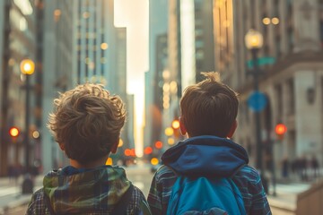 Obraz premium Two young boys are standing on a city street
