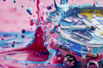 a close-up of a stylish wristwatch being splattered with a rain of pastel paint drops, merging precision engineering with whimsical color splashes