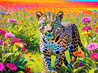 Neon Leopard in Rainbow Flower Field Staring Intensely at Camera