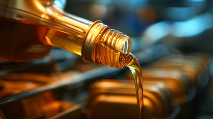 Golden oil pouring from bottle with blurred background