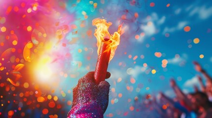 Olympic torch relay, close up, focus on, copy space, vibrant colors, Double exposure silhouette with cheering crowd
