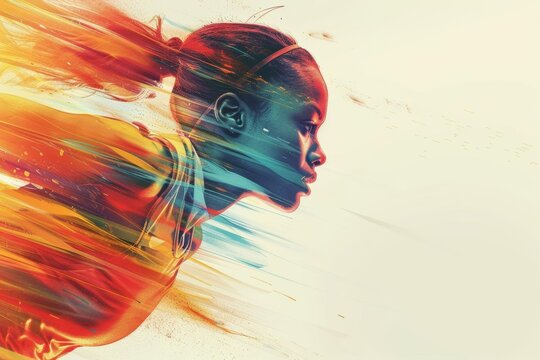 Olympic track and field, close up, focus on, copy space, vibrant hues, Double exposure silhouette with athlete in motion