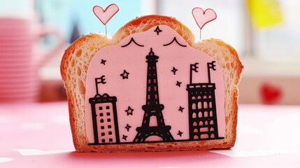  A close-up of bread bearing an image of the Eiffel Tower, hearts aloft over its peak