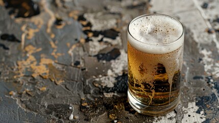  A tight shot of a beer glass on a table, the amber liquid reflecting, surrounded by a painted wall with splatters A bottle of beer sits in the midst of the glass