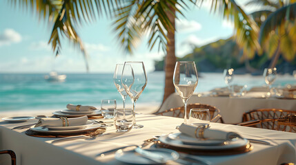 Exquisite Beach Resort Dining: High Resolution Image of Elegant Culinary Delights  Luxury Experience with Glossy Backdrop   Photo Realistic Concept