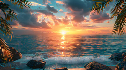 Photo realistic Beach resort sunset view: High res image of breathtaking sunset at resort with glossy backdrop, showcasing natural beauty  serene environment