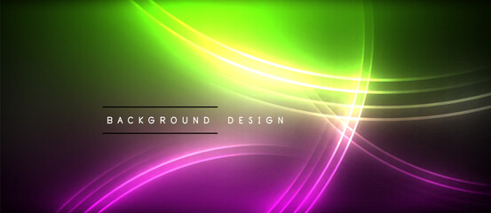 Neon glowing circle rays, light round lines in the dark, planet style neon wave lines. Energetic electric concept design for wallpaper, banner, background