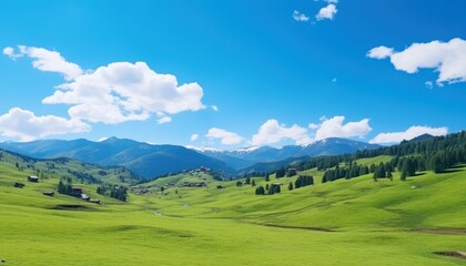 Fototapeta premium A stunning spring day landscaping views of fertile land surrounded beautiful green vegetation, wide stretches of hills and mountains with clear skies in spring