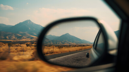 Amazing view of mountains in side mirror of car on roadtrip