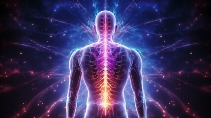 Spinal health visualization. Man experiencing back pain with glowing depiction of spine