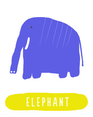 Learn jungle forest flashcard. Learning English words for kids. Cute hand drawn doodle educational card with elephant animal character. Preschool rain forest, wild nature learning material