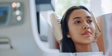 A woman undergoing bone density testing for osteoporosis using a C Bone Densitometer Machine.