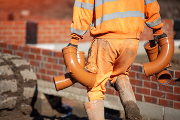 Worker carrying plastic drainage bends for new house foul sewer system on construction site 