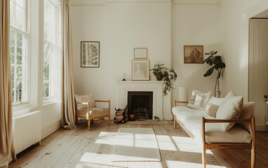 Photo of a minimalist interior design, a cozy living room with a fireplace in a London brownstone. Created with Ai