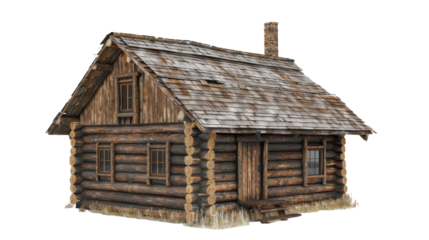 A detailed illustration of a log cabin on a plain white background