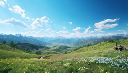Fototapeta premium A stunning spring day landscaping views of fertile land surrounded beautiful green vegetation, wide stretches of hills and mountains with clear skies in spring