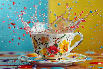 Create a close-up image of a vintage teacup with a rain of vibrant paint drops splashing over it, capturing the contrast between the delicate porcelain and the bold colors