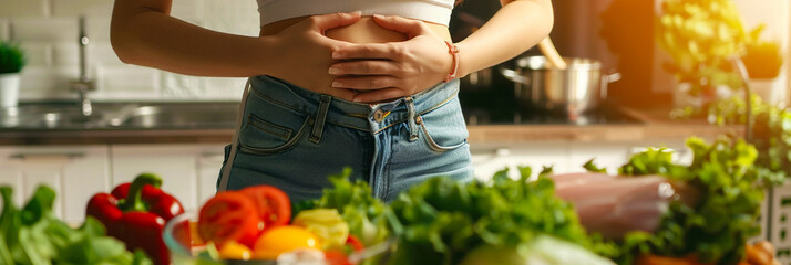 Image of a woman rubbing her stomach with lots of vegetables.