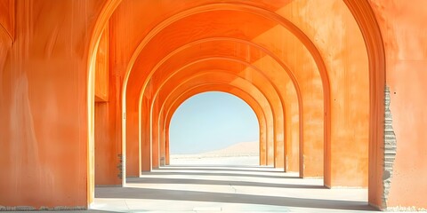 Vibrant orange arched hallway with columns leading to a sunny desert. Concept Architecture, Interior Design, Desert Landscape, Bold Colors, Natural Light