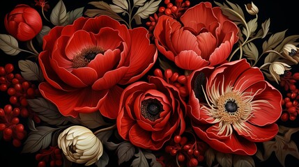 A striking red flower background with dramatic roses and anemones, contrasted against a dark, moody backdrop, perfect for bold and romantic designs.