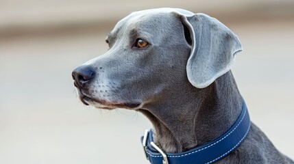  A tight shot of a grey dog adorned with a blue collar and a separate blue leather collar The former flaunts a white mark, while the latter features a black spot