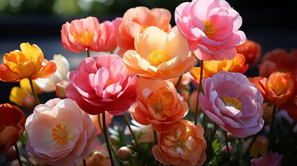 A spring flower background featuring a burst of colorful tulips and daffodils in a sunny field, capturing the joy and freshness of the spring season.