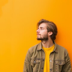 Obraz premium Millennial person with ample copy space in a minimalist background.
