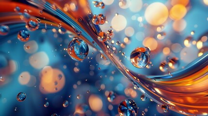3D rendering of a blue and orange abstract background with glowing fluid shapes and bubbles.