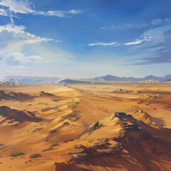 Fototapeta premium A sprawling desert landscape, with sand dunes stretching into the distance: Graphic background for decorating works, mobile screens, or as a background image.