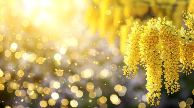  A close-up of yellow flowers with sunlight filtering through a blurred background, foreground flowers featuring a blurred backdrop