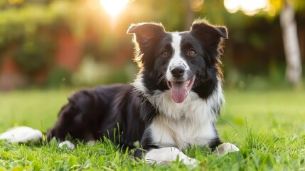 Fototapeta premium A black and white dog lies in the grass with its tongue out, hangs down, and is widely extended from its mouth