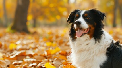  A black, white, and brown dog sits among a pile of leaves beside a tree The tree's leaves are yellow and orange, blanketing the ground A tree stands in the background