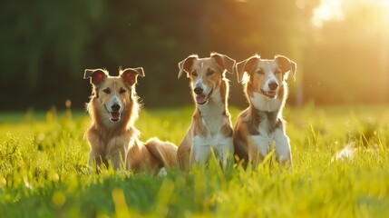  Three dogs seated atop a lush, green grassy field Sun filters through trees behind Towering grasses in background
