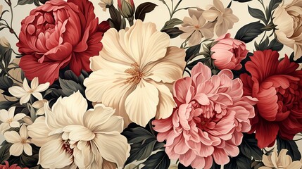 A vintage flower background with classic botanical illustrations of roses and lilies, set against a cream-colored backdrop, offering a timeless and elegant look.