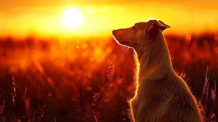  A dog gazes up at something in the sky, ears perked, amidst a field of tall grass as the sun sets - Powered by Adobe