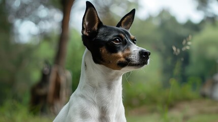  A tight shot of a dog in a field of grass Behind the dog, a giraffe grazes among the trees and bushes