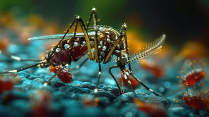 Close-Up of Mosquito Carrying Dengue Fever: Detailed View of Viral Particles Entering Bloodstream"