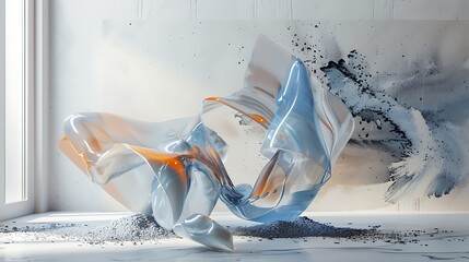 3D rendering of an abstract shape made of blue and orange glass-like material.