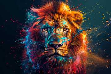 Create an abstract paint splash with drops converging to form the shape of a majestic lion, capturing the details of its mane and face with vivid colors