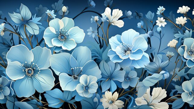 A blue flower background featuring delicate bluebells and forget-me-nots in a seamless pattern, creating a soft and harmonious design for various applications.