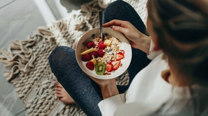 Image of sporty female consuming a nutritious bowl of granola with fresh produce while seated on the ground in her residence.
