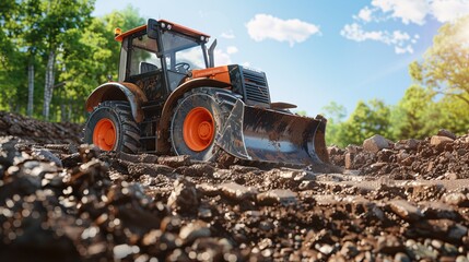 Compact front loader with bucket attachment, leveling and shaping land for earthmoving and landscaping purposes.