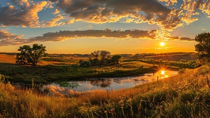 Naklejka premium Breathtaking dawn over a picturesque vista with vibrant clouds, foliage, meadows, and shimmering water mirroring the radiant rays.